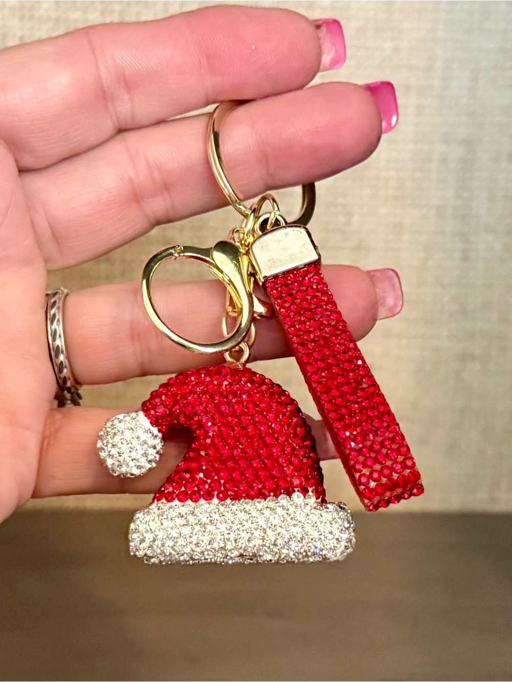 Red & White Crystal Santa Hat Bag Charm Keychain